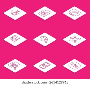 Set line Search data analysis, Document with graph chart, Financial growth, Server, Project team base,  and Mobile stock trading icon. Vector