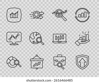Set line Search data analysis, Financial growth, Board with graph, globe, Work search and  icon. Vector