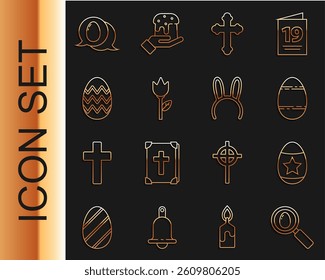 Set line Search and easter egg, Easter, Christian cross, Flower tulip, Speech bubble with and Mask long bunny ears icon. Vector