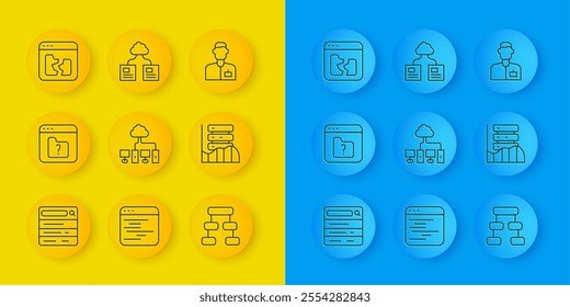 Set line Search engine, File missing, Computer network, Hierarchy organogram chart, Server, Data, Web Hosting, Broken file, Analyst engineer and Cloud technology data transfer icon. Vector