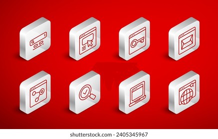 Set line Search engine, UI or UX design, Secure your site with HTTPS, SSL, Website and mail, Laptop browser window, Magnifying glass check mark and Browser icon. Vector