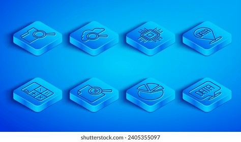 Set line Search with folder, cloud computing, Processor CPU, Document graph chart, Pie infographic, Data analysis, Calculator and  icon. Vector