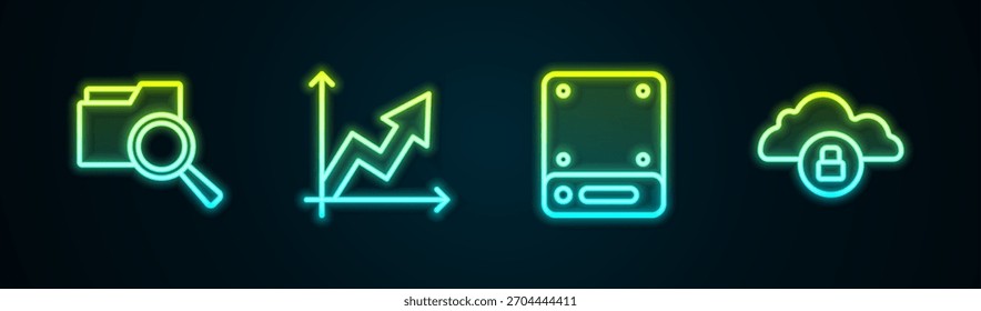 Establezca la Búsqueda de línea con carpeta, crecimiento financiero, servidor y bloqueo de computación en la nube. Icono de neón brillante. Vector