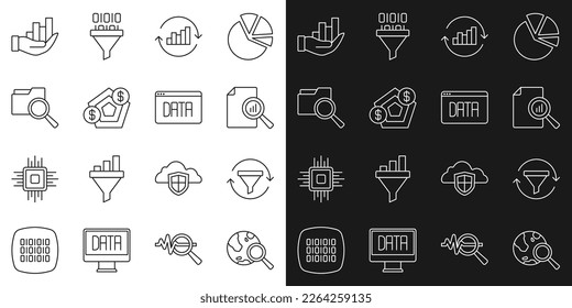 Fijar el globo de búsqueda de línea, el embudo de ventas con gráfico, gráfico de documentos, infografía de tubería, crecimiento financiero, carpeta e icono de análisis de datos. Vector