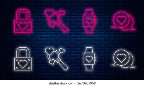 Set line Search heart and love, Heart in the center wrist watch, Lock and heart and Heart in speech bubble. Glowing neon icon on brick wall. Vector