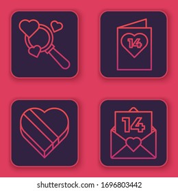 Set line Search heart and love, Candy in heart shaped box, Valentines day flyer with heart and Envelope with Valentine heart. Blue square button. Vector