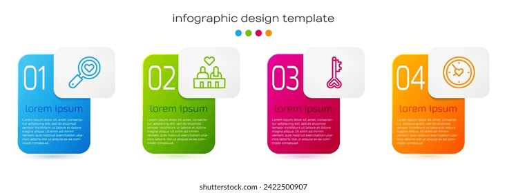 Set line Search heart and love, Couple in, Key shape and Clock with. Business infographic template. Vector