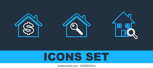 Set line Search house, House with dollar and key icon. Vector