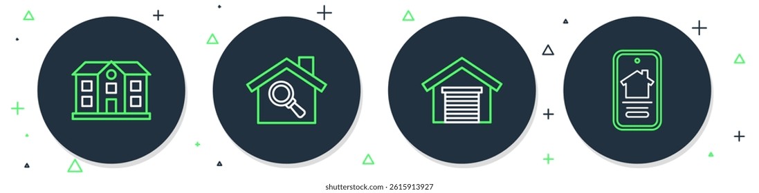 Set line Search house, Garage, House and Online real estate icon. Vector