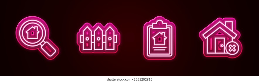 Set line Search house, Garden fence wooden, House contract and with wrong mark. Glowing neon icon. Vector