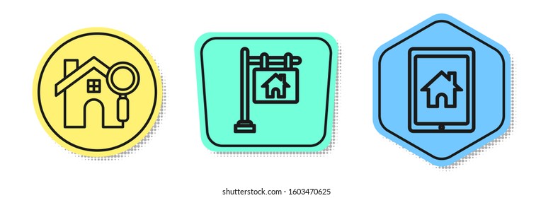 Set line Search house, Hanging sign with text Sale and Tablet and smart home. Colored shapes. Vector