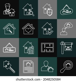 Set line Search house, Hanging sign with For Sale, Man dreaming about buying, House under protection, heart shape, key, Realtor and check mark icon. Vector