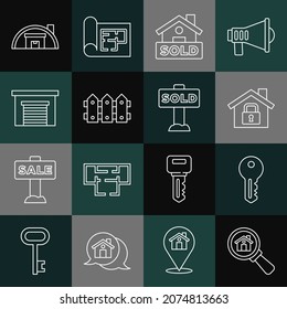 Fijar línea Buscar casa, llave de la casa, bajo protección, Cartel de Colgar con texto Vendido, Madera de valla de jardín, Garaje, Almacén e icono. Vector