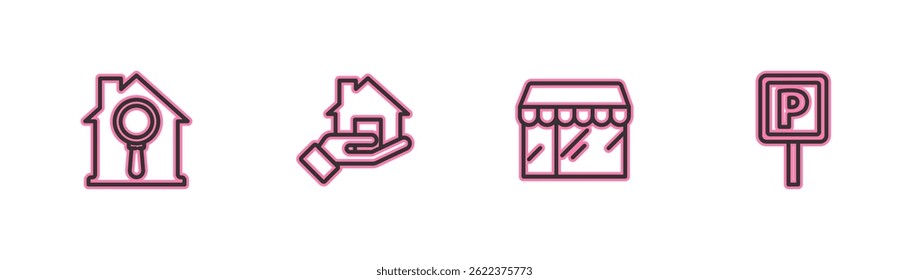 Set line Search house, Market store, Realtor and Parking icon. Vector