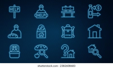 Set line Search house, Real estate, Bench, Donation and charity, Feeding the homeless, Ask for help text, Hiking backpack and Help icon. Vector