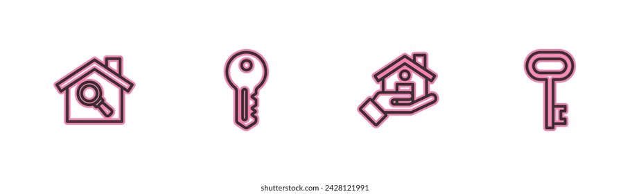 Set line Search house, Realtor, House key and  icon. Vector