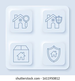 Set line Search house, House with shield, Cardboard box with house and House with shield. White square button. Vector