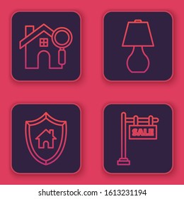 Set line Search house, House with shield, Table lamp and Hanging sign with text Sale. Blue square button. Vector
