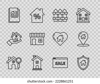 Fijar línea Buscar casa, Casa con escudo, Madera de la valla Jardín, Símbolo del hogar, contrato, edificio de compras o tienda de mercadería, Texto de la pancarta Colgante Venta en línea e icono del puntero Mapa. Vector