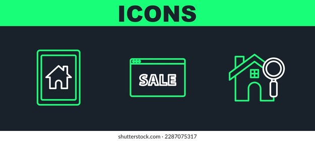 Set line Search house, Tablet and smart home and Hanging sign with text Online Sale icon. Vector