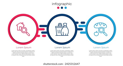 Set line Search house, Trash can and Searching for food. Business infographic template. Vector