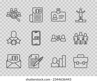 Set line Search job, Briefcase, Identification badge, Resume, Magnifying glass for search, Productive human and Project team base icon. Vector