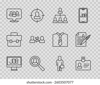 Set line Search job, Identification badge, Employee hierarchy, Magnifying glass for search, Project team base, Exchange work, Businessman and Resume icon. Vector