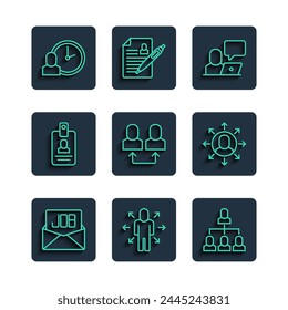 Set line Search job, Multitasking manager working, Employee hierarchy, Freelancer, Exchange, Identification badge, Work time and  icon. Vector