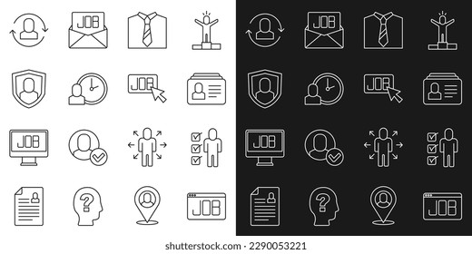Set line Search job, Resume, Tie, Work time, User protection, Exchange work and  icon. Vector