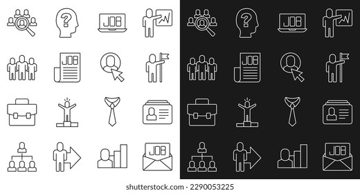 Set line Search job, Resume, Man holding flag, Project team base, Magnifying glass for search and Worker icon. Vector