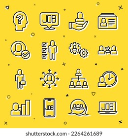 Set line Search job, Work time, Exchange work, Worker, Resume,  and Human with gear icon. Vector
