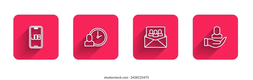 Set line Search job, Work time, Project team base and Worker with long shadow. Red square button. Vector
