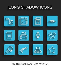 Set line Search location, Falling star, Folder tree, Computer network, Star, Car rental, Two crossed hammers and Rocket ship with fire icon. Vector