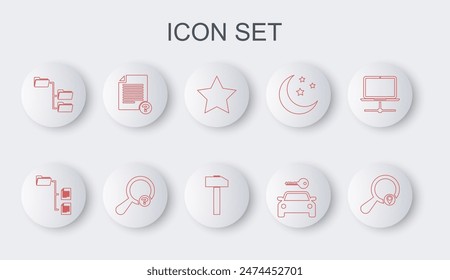 Set line Search location, Folder tree, Star, Car rental, Unknown document, search and Hammer icon. Vector