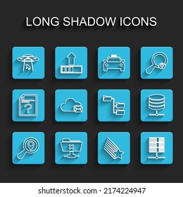 Set line Search location, FTP cancel operation, UFO abducts cow, Falling star, Server, Data, Web Hosting, Cloud mail server,  and Folder tree icon. Vector