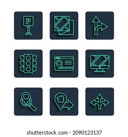 Set line Search location, Location with house, Road traffic sign, Infographic of city map navigation, Traffic light, Parking and Monitor marker icon. Vector