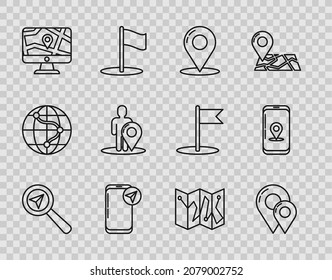 Set line Search location, Map pin, Infographic of city map navigation, Monitor and folded with, marker silhouette person, Folded and  icon. Vector
