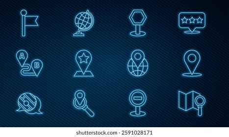 Set line Search location, Location, Road traffic sign, Map pointer with star, Route, marker, the globe and Earth icon. Vector
