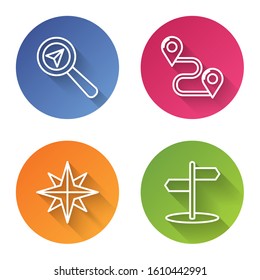 Set line Search location, Route location, Wind rose and Road traffic sign. Color circle button. Vector
