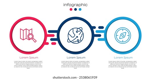 Set line Search location, Satellites orbiting the Earth and Compass. Business infographic template. Vector