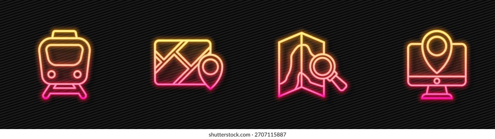 Establece la ubicación de la Búsqueda de línea, el tren, la infografía de la navegación del mapa de la ciudad y el monitor con marcador. Icono de neón brillante. Vector
