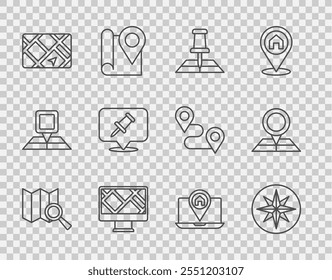 Set line Search location, Wind rose, Folded map with marker, Monitor, Gps device, Push pin, City navigation and  icon. Vector