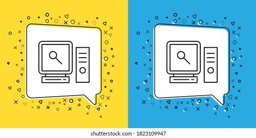 Set line Search on computer screen icon isolated on yellow and blue background. Screen and magnifying glass.  Vector Illustration