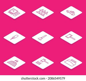 Set line Search on computer screen, Jurors, Police car and flasher, Feather pen, Paint brush, Judge gavel, Prisoner and  icon. Vector