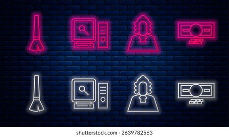 Set line Search on computer screen, Judge, Paint brush and Stacks paper money cash. Glowing neon icon on brick wall. Vector
