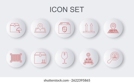 Set line Search package, Barcode, Delivery box security shield, Scale with cardboard, umbrella, Placeholder on map, Cardboard traffic and Fragile broken glass icon. Vector