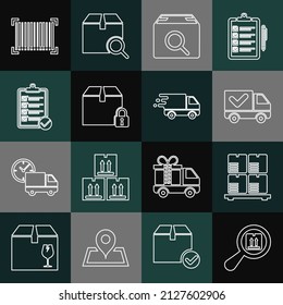 Set line Search package, Cardboard boxes on pallet, Delivery truck with check mark, Locked, Verification of delivery list, Barcode and in movement icon. Vector