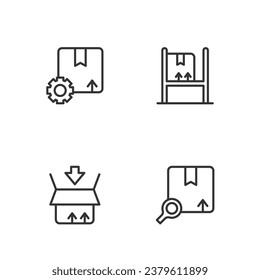 Set line Search package, Carton cardboard box, Gear with and Warehouse interior boxes icon. Vector