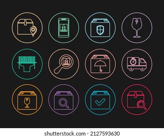 Set line Search package, Delivery truck and stopwatch, box security shield, Scanner scanning bar code, Location with cardboard, umbrella and Mobile app tracking icon. Vector