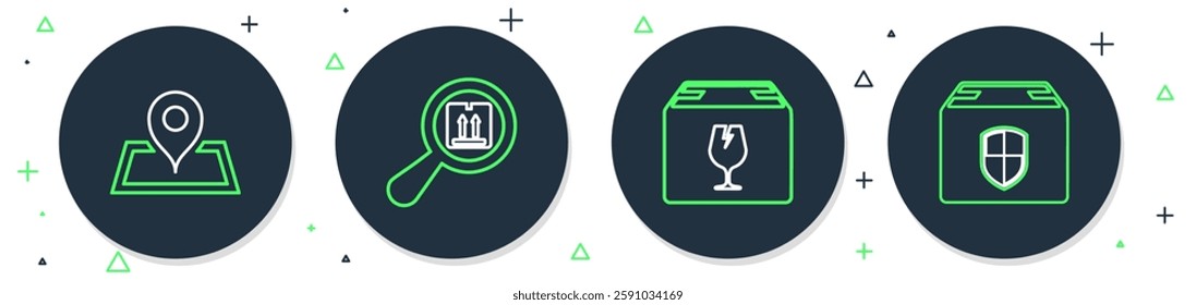 Set line Search package, Delivery box with fragile content, Placeholder map and security shield icon. Vector